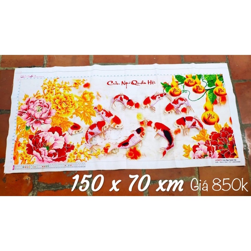 (thêu sẵn) Tranh thêu chữ thập cá chép hoa mẫu đơn đẹp 150x70cm