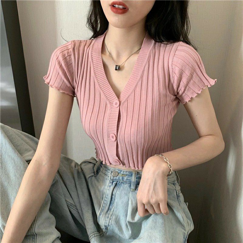 Áo Croptop Dệt Kim Tay Ngắn Cổ Chữ V Style Hàn Quốc ACT1