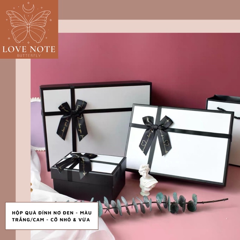 Hộp quà màu trắng/cam đính nơ đen cỡ VỬA và NHỎ - tặng sinh nhật, valentine 14/2, 8/3 20/10, giáng sinh, noel | BigBuy360 - bigbuy360.vn
