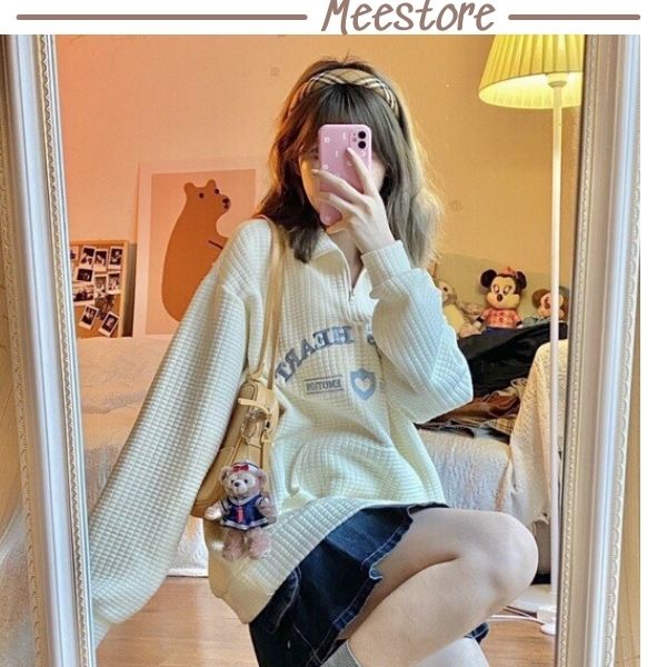 Áo nỉ zip khóa cổ Louis nữ Mee- Sweater cổ cao tay bồng dáng rộng len xốp phong cách Ullzang