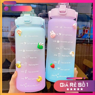 Tặng Sticker cute Bình nước 2 lít dành cho người lười uống nước bình nước cute 2L có ống hút, vạch chia nhắc giờ