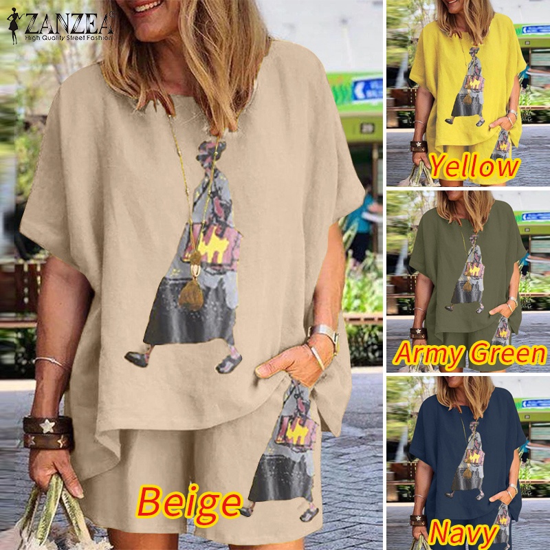 Set áo thun ngắn tay + quần short lưng cao Zanzea thời trang nữ