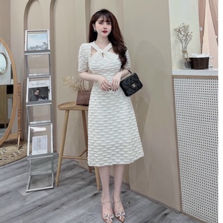 Váy thiết kế xốp gợn sóng cổ xoắn chất vải xốp nhăn sang chảnh