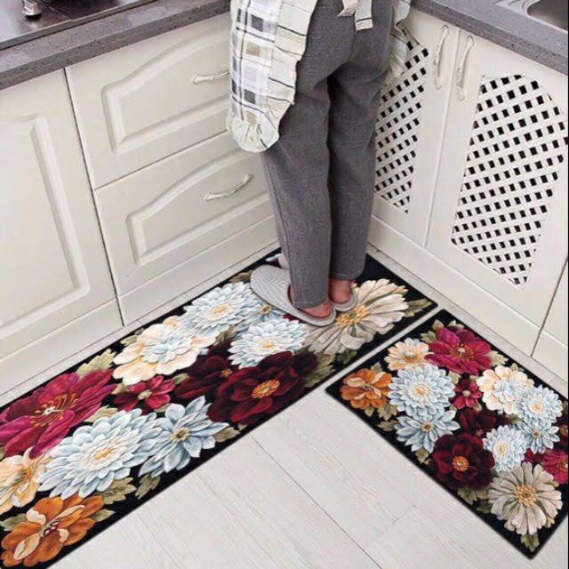 Bộ thảm bếp, thảm lau chân chống trượt hoa văn trẻ trung dễ thương  .
