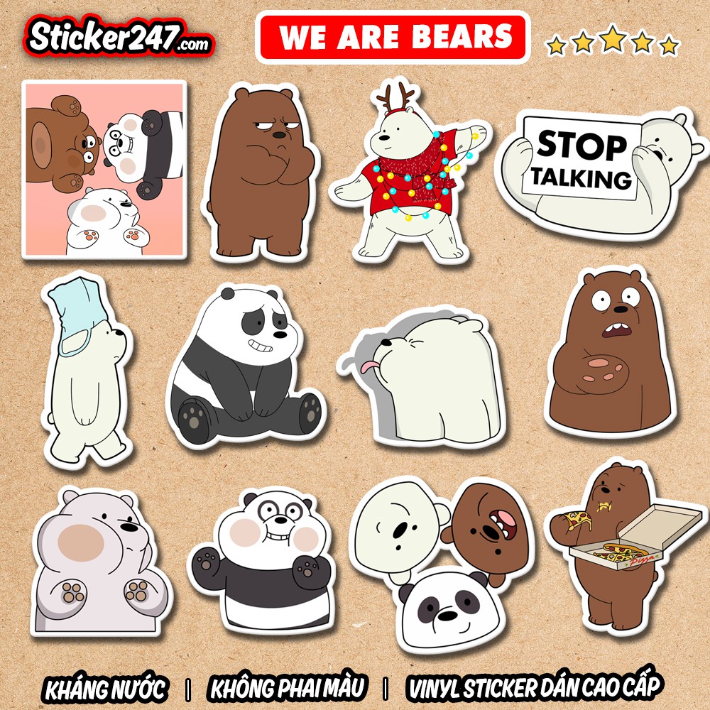 Sticker We Bare Bears 🌈𝑭𝒓𝒆𝒆𝒔𝒉𝒊𝒑 chống nước sticker dán laptop, điện thoại, đàn guitar, dán mũ bảo hiểm, vali, ipad