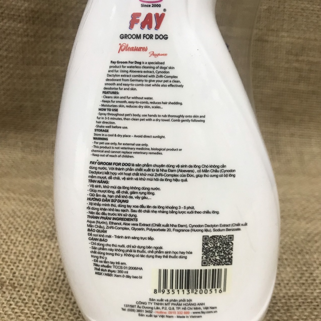 ( Tắm Khô ) Fay Groom 350Ml - Xịt Khử Mùi, Dưỡng Lông Chó Mèo