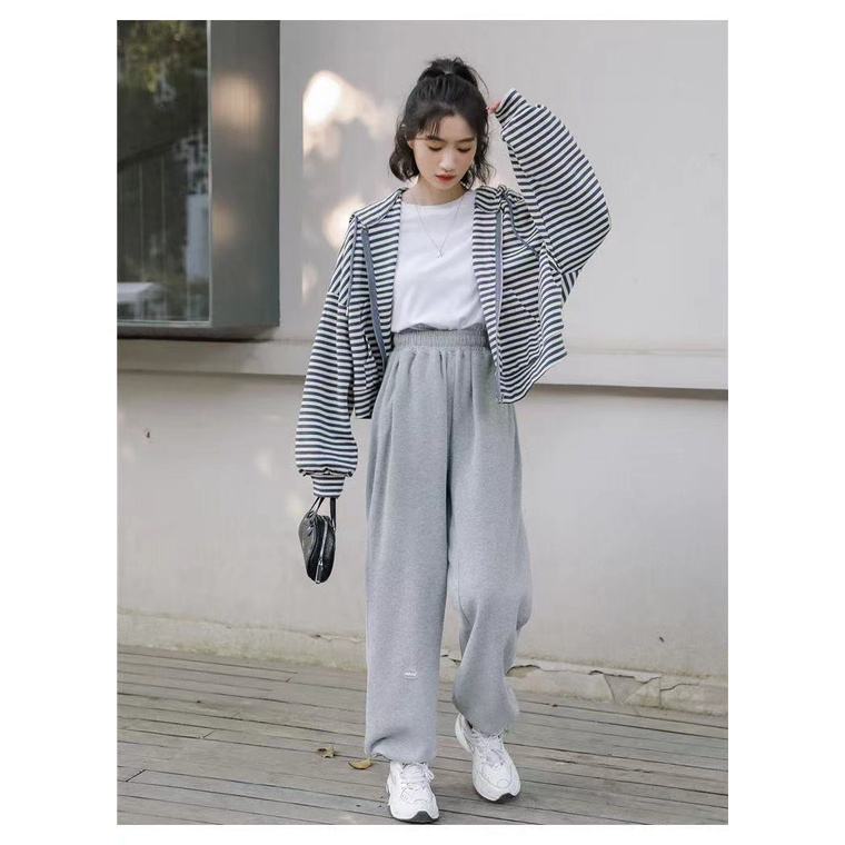 Áo khoác hoodie tay dài họa tiết kẻ sọc ngang phong cách Hàn Quốc dễ thương cho nữ