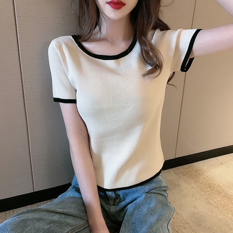 AMOI Áo polo Dệt Kim Tay Ngắn Cổ Tròn Thời Trang Hàn Quốc Cho Nữ