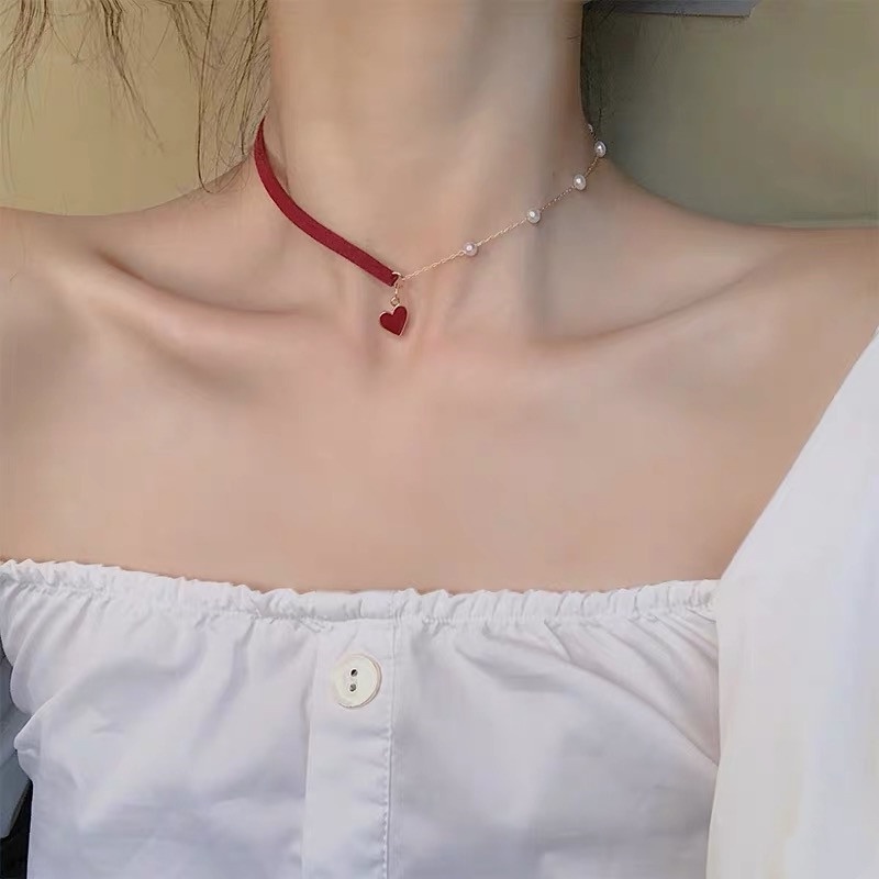 Vòng Cổ Choker Da Đính Ngọc Trai Mặt Trái Tim Thời Trang Cá Tính Dành Cho Nữ