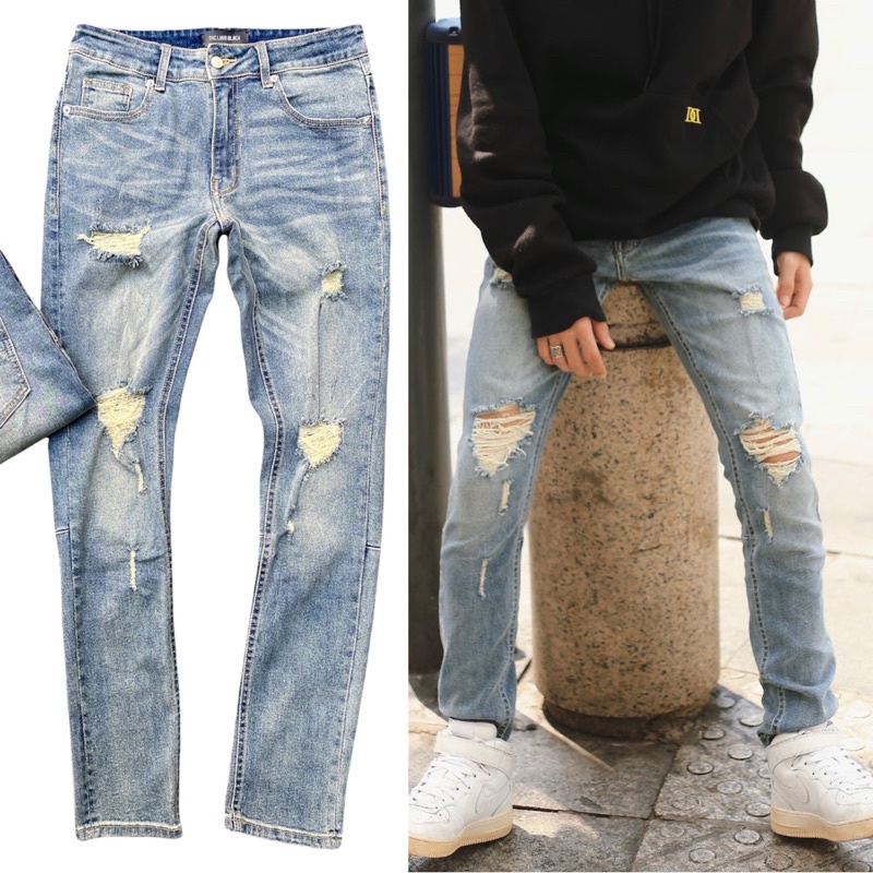 Quần Jean Nam Rách Gối, Bò Màu Xanh Nhạt Chất Liệu Jeans Co Dãn Tốt