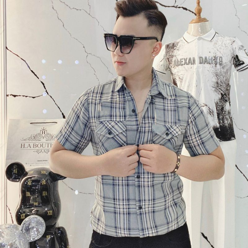 Áo sơ mi nam bbr ngắn tay kẻ sọc caro 2 túi ngực