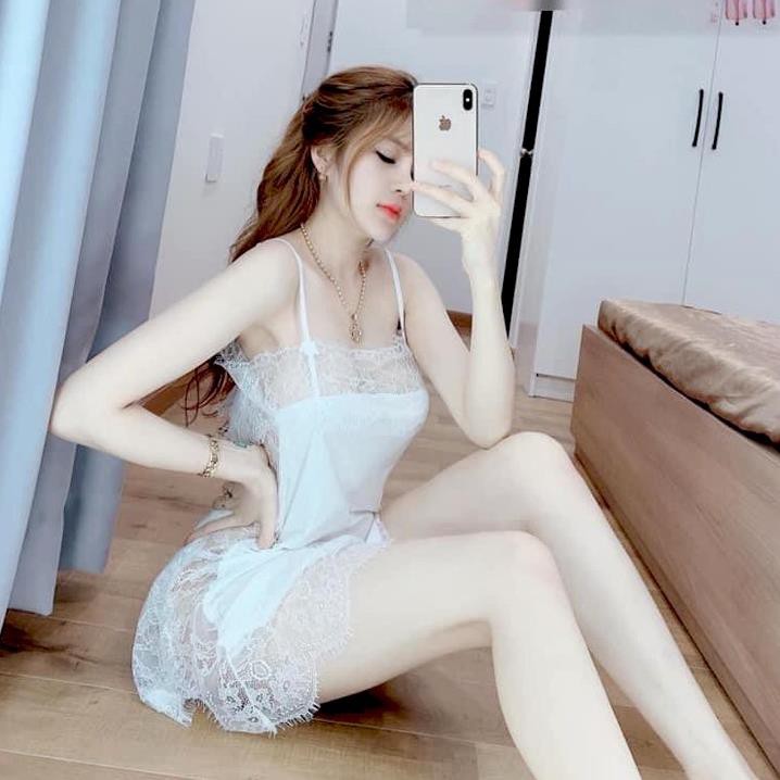 Váy ngủ sexy ren ngực ren hông gợi cảm với màu trắng tinh khôi kèm hình thật khách chụp