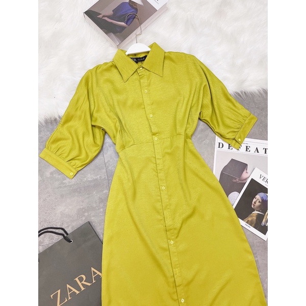 Váy Thiết Kế Cổ Sơ Mi Dáng Dài Tay Lỡ Bồng Tiểu Thư Loại 1, Đầm Xanh Tay Lỡ Chun Eo Cài Khuy Phong Cách Hàn Quốc V103