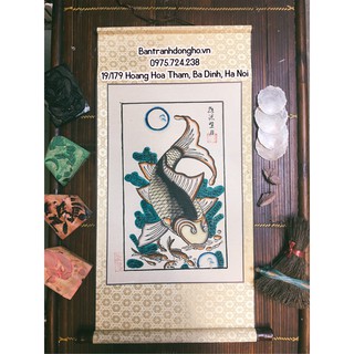 (BLT) Tranh Đông Hồ Lý ngư vọng nguyệt - Cá chép trông trăng TO Tranh Đông Hồ truyền thống Tranh Đông Hồ bồi lụa