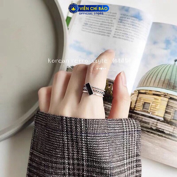 Nhẫn bạc nữ Đá đen chéo chất liệu bạc Thái 925 thời trang phụ kiện trang sức nữ Viễn Chí Bảo N000297