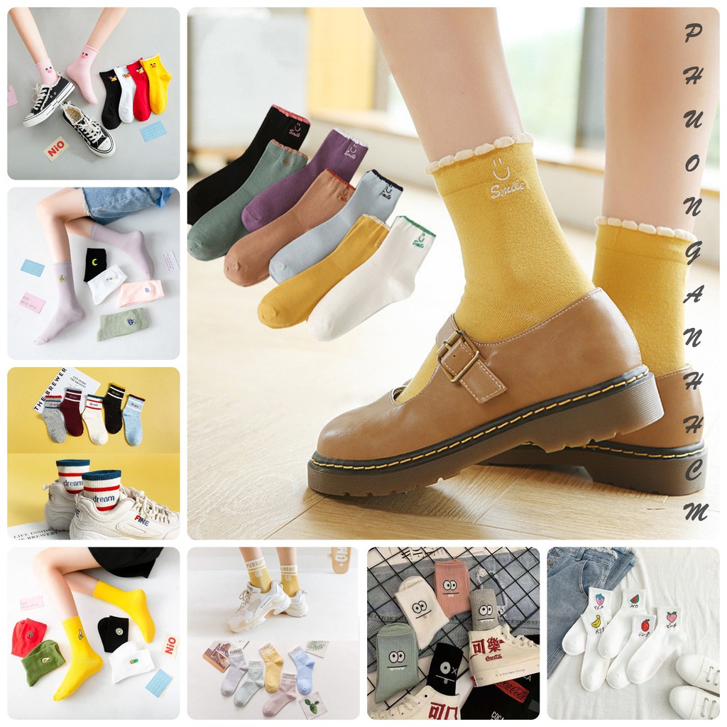 [MẪU NGẪU NHIÊN] Set 5 Đôi Tất Vớ Nam Nữ Cotton Cổ Cao Hàn Quốc Nhiều Mẫu
