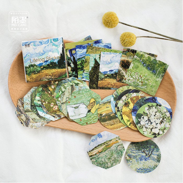 Hộp 45 miếng giấy dán họa tiết tranh sơn dầu Van Gogh trang trí