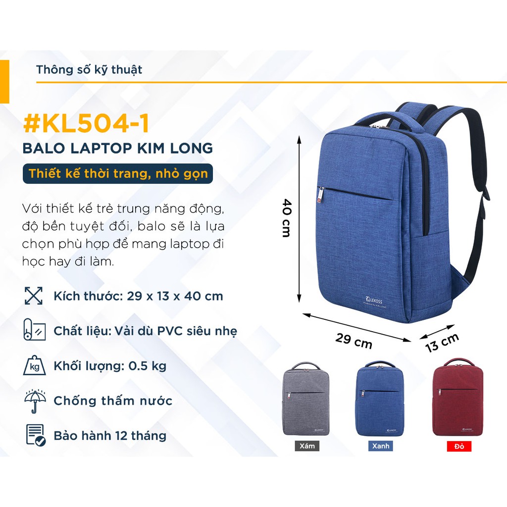 Balo laptop nam nữ thời trang, đựng vừa laptop 13 inch, 14 inch, 15.6 inch chính hãng Kim Long Lekoss KL504-1