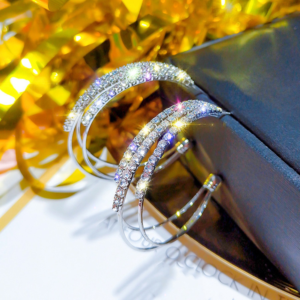 Đôi Khuyên Tai Vòng Tròn Ba Lớp Đính Đá Thời Trang Cho Nữ