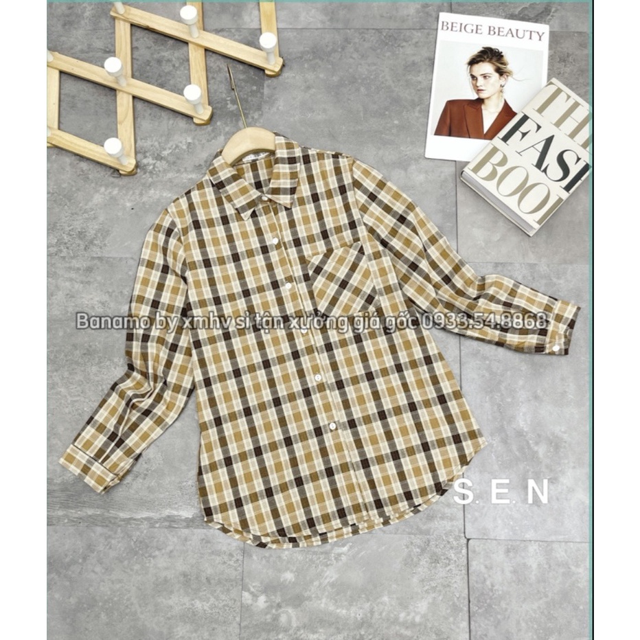Áo sơ mi nữ dài tay kẻ sọc caro dáng xuông phối túi ngực thời trang Banamo Fashion 3915 | BigBuy360 - bigbuy360.vn