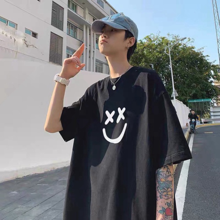 Áo thun unisex tay lỡ form rộng , áo phông nam nữ form rộng chất cotton mát mịn thấm hút mồ hôi in hình mặt cười DH005