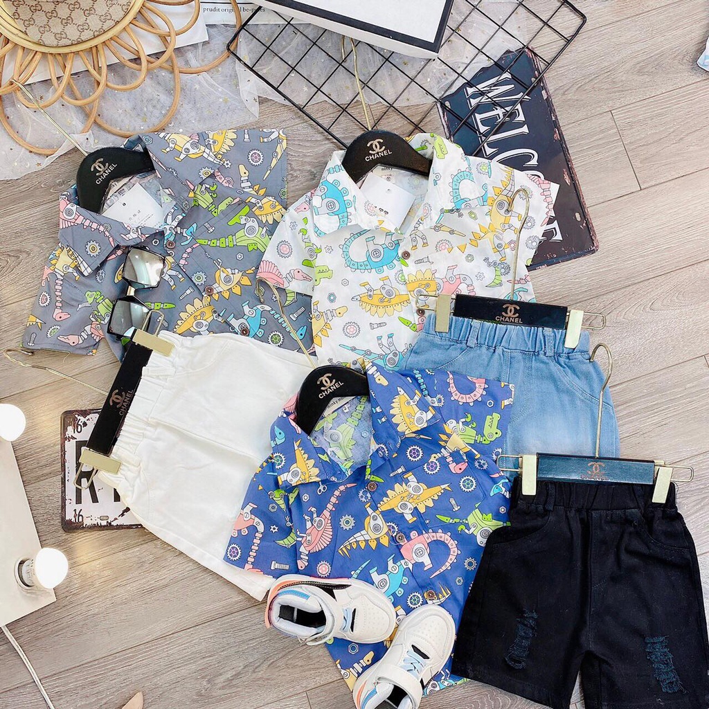 Bộ đồ khủng long bé trai, set sơ mi cho bé từ 10-25kg Tommy Kids