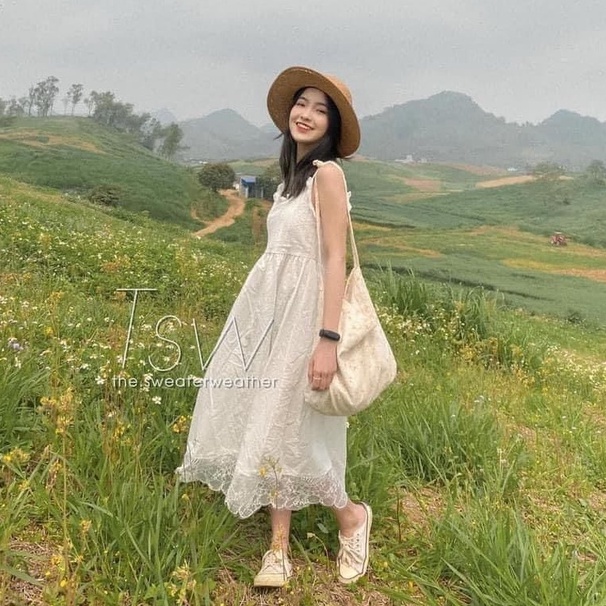 Váy 2 Dây Trắng Phối Ren Tiểu Thư Hai Lớp Chất Thô Thoáng Mát, Labibi
