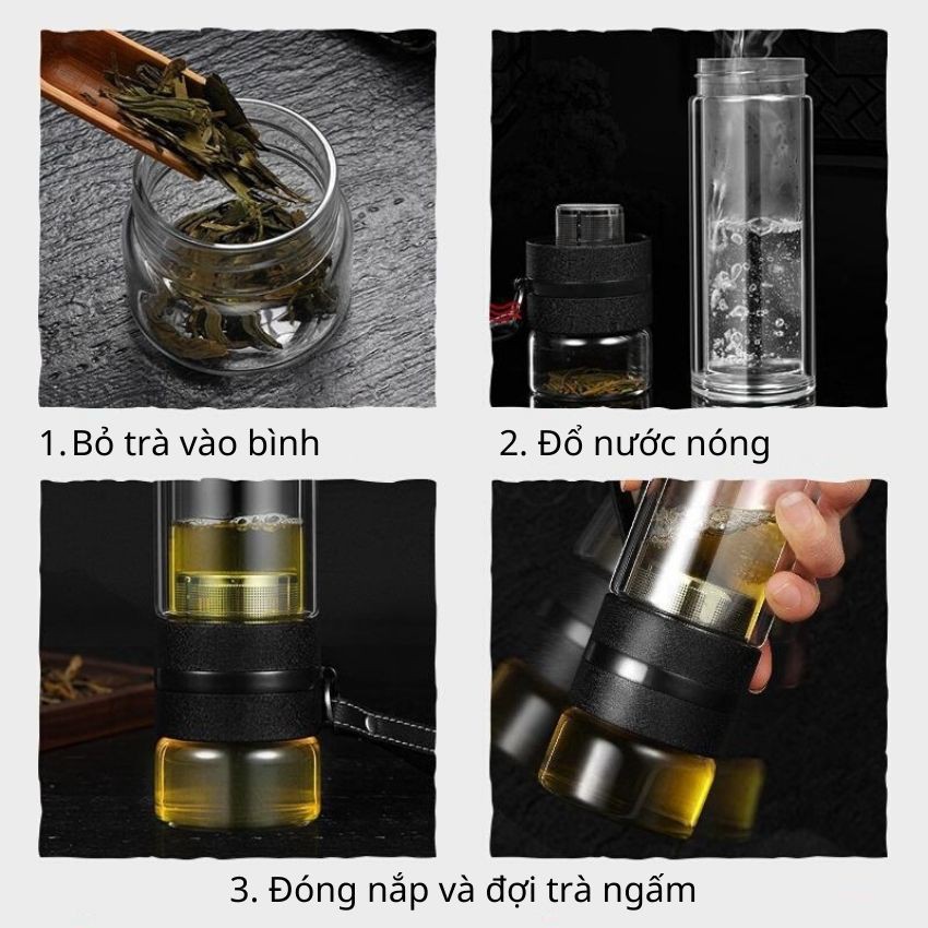 Bình pha trà 2 tầng 500ml bằng thủy tinh 2 lớp cách nhiệt có ngăn lọc trà tiện lợi.