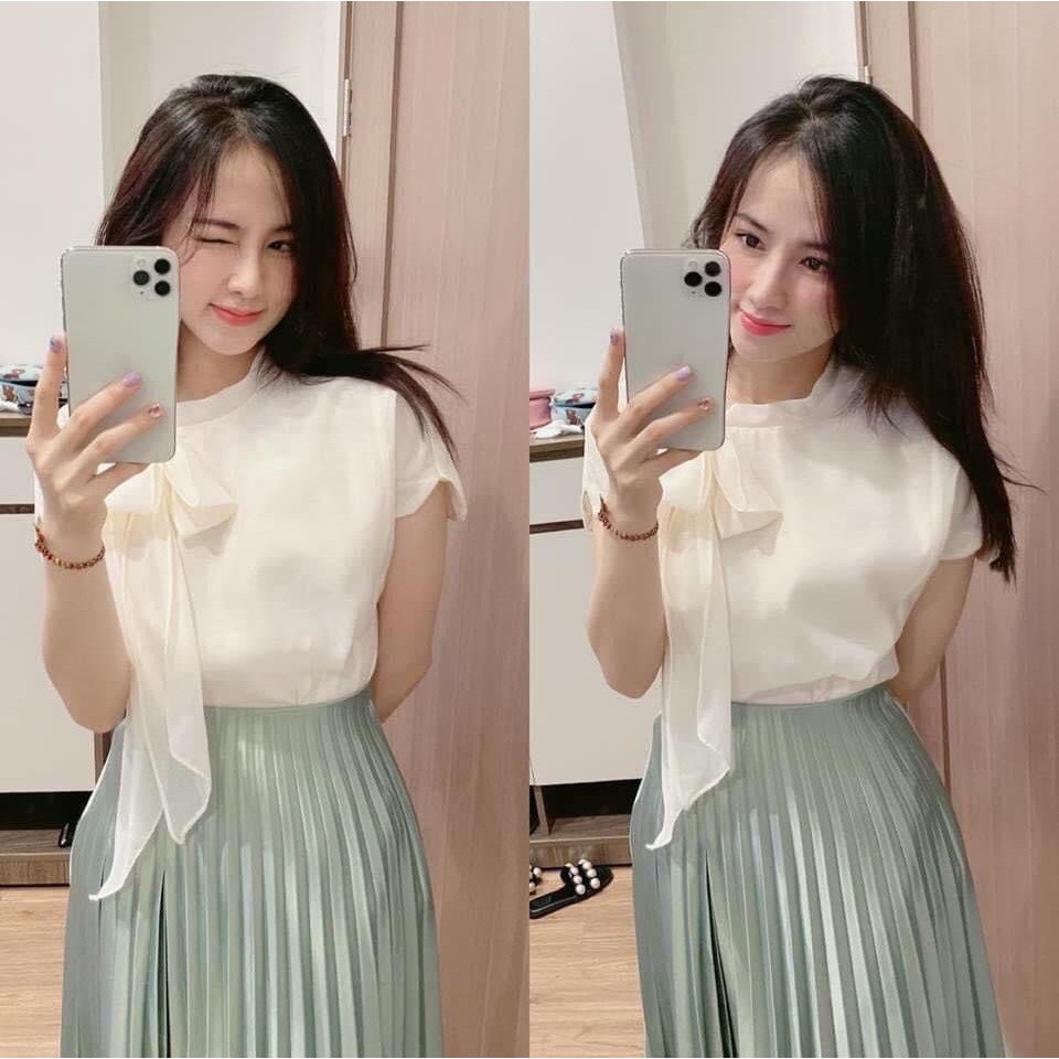 SET ÁO VOAN TRẮNG NƠ CỔ + CHÂN VÁY XANH XẾP LY | BigBuy360 - bigbuy360.vn