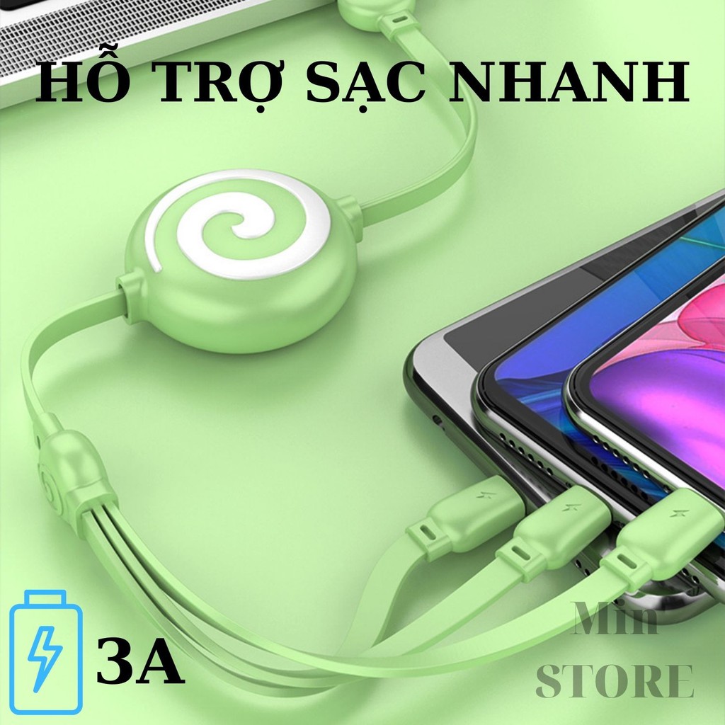 Cáp sạc đa năng 3 đầu - Kéo rút (1 mét ) - Sạc nhanh - Min STORE