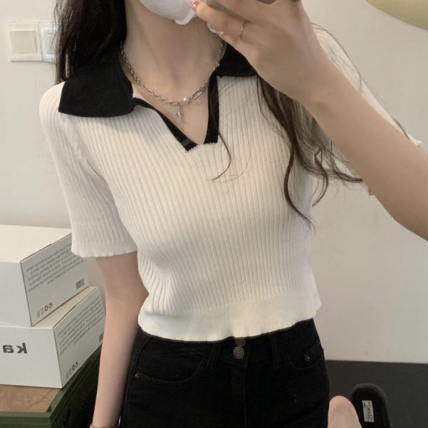 Áo Thun polo Ngắn Tay Màu Sắc Tương Phản Phong Cách Hàn Quốc Cho Nữ