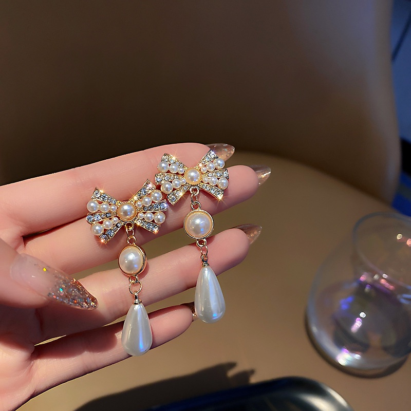 Bộ Vòng cổ + Bông Tai Mạ Bạc 925 Hình Nơ Đính Ngọc Trai Phong Cách Hàn Quốc Cho Nữ