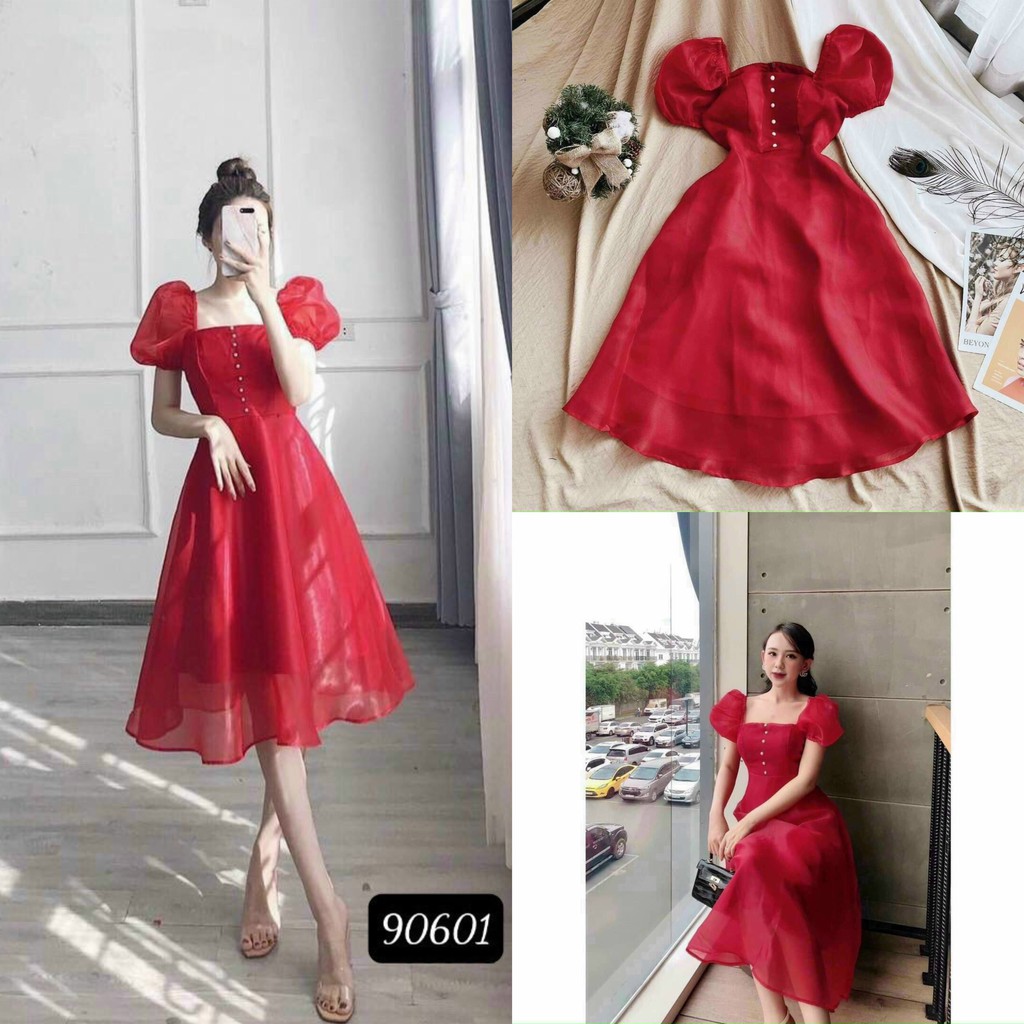 Đầm Midi Đỏ Tay Phồng Cổ Vuông