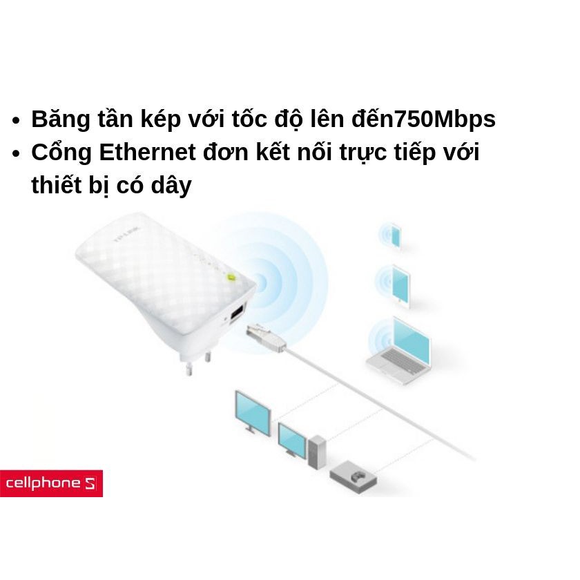 Bộ kích sóng wifi Tplink RE200 băng tần kép AC750 giúp tăng tốc độ kết nối. Chính hãng, BH 24 tháng