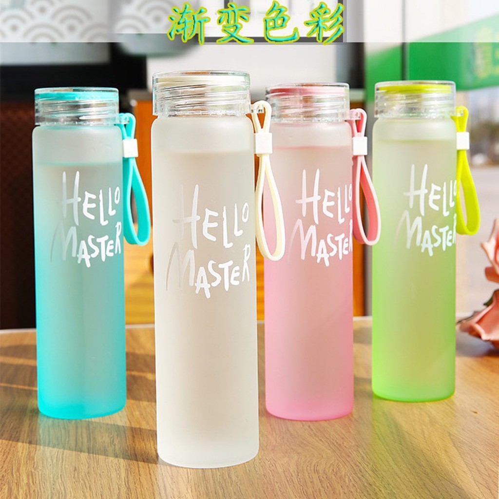 Bình nước thủy tính FREE SHIP  Bình nước thủy tinh Hello master nhiều màu xinh xắn, dung tích 420ml