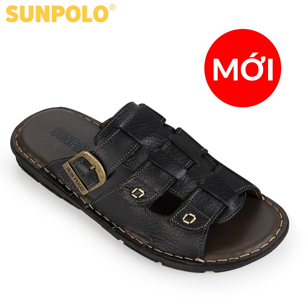 Dép Quai Ngang Nam Da Bò Cao Cấp SUNPOLO SUA22 Đen Nâu