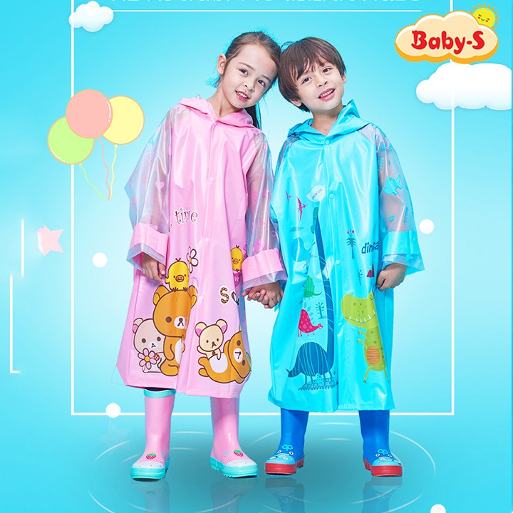 Áo mưa cho bé trai và bé gái 4-10 tuổi có thể làm phồng nón trùm chấp poly cao cấp hình thú đáng yêu Baby-S – SAM014