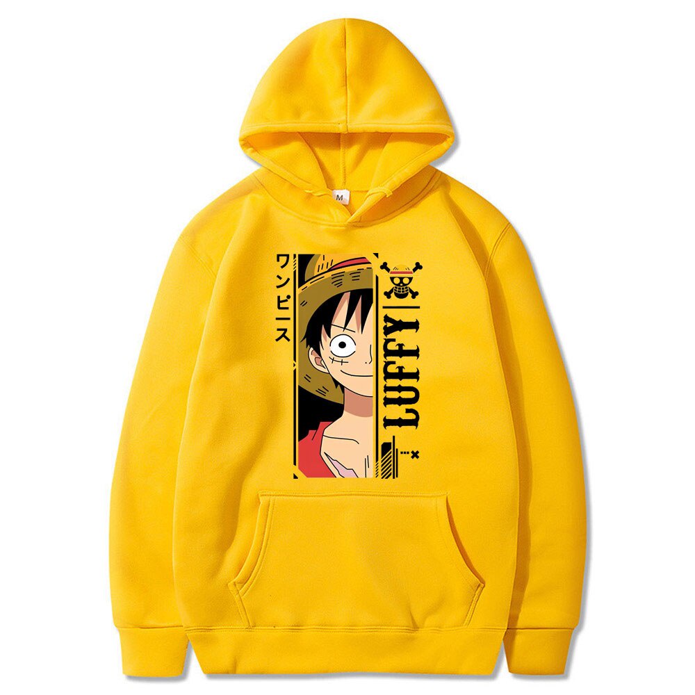 Áo hoodie chui đầu tay dài dáng rộng lót nhung in hình nhân vật One Piece Luffy thời trang cho nam cặp đôi