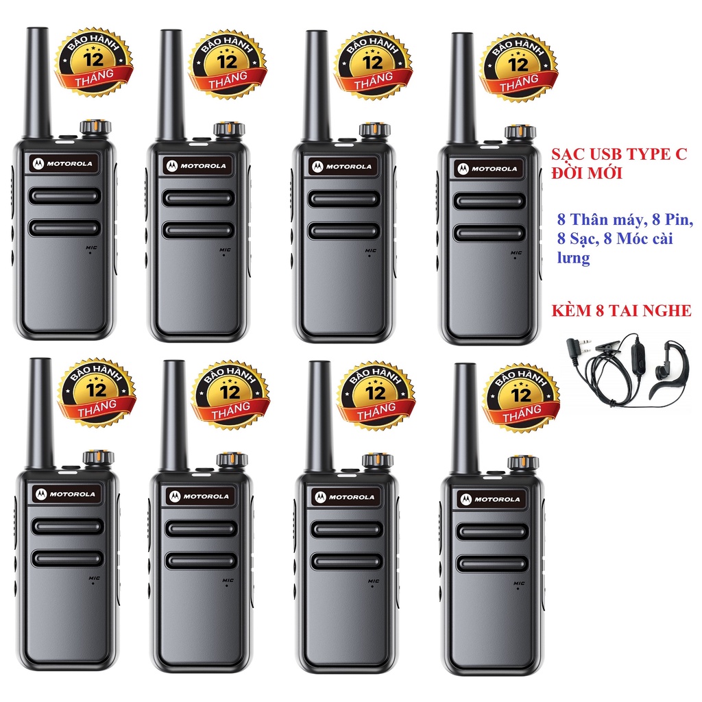 Bộ 8 Bộ Motorola GP568 (Loa to&amp; chống từ tính, Pin sử dụng trên 15 tiếng,cự ly liên lạc xa, Sạc USB Type C)