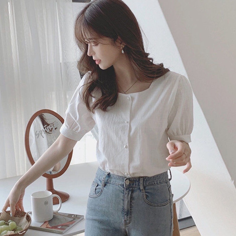 Áo sơ mi RENJIANVSHENG 168521 tay ngắn vải lanh cotton màu trơn cổ vuông dáng rộng đơn giản hợp thời trang