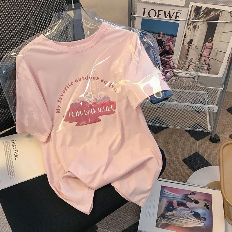 Áo Thun Nữ Ngắn Tay Cổ Tròn In Chữ Màu Hồng