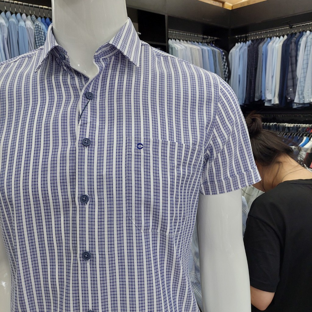 Áo Sơ Mi Nam Ngắn Tay Owen BA20642NT Somi Cộc Tay Công Sở Cao Cấp Màu Kẻ Caro Xanh Trắng Chất Cafe Dáng Body Fit Tà Bằng