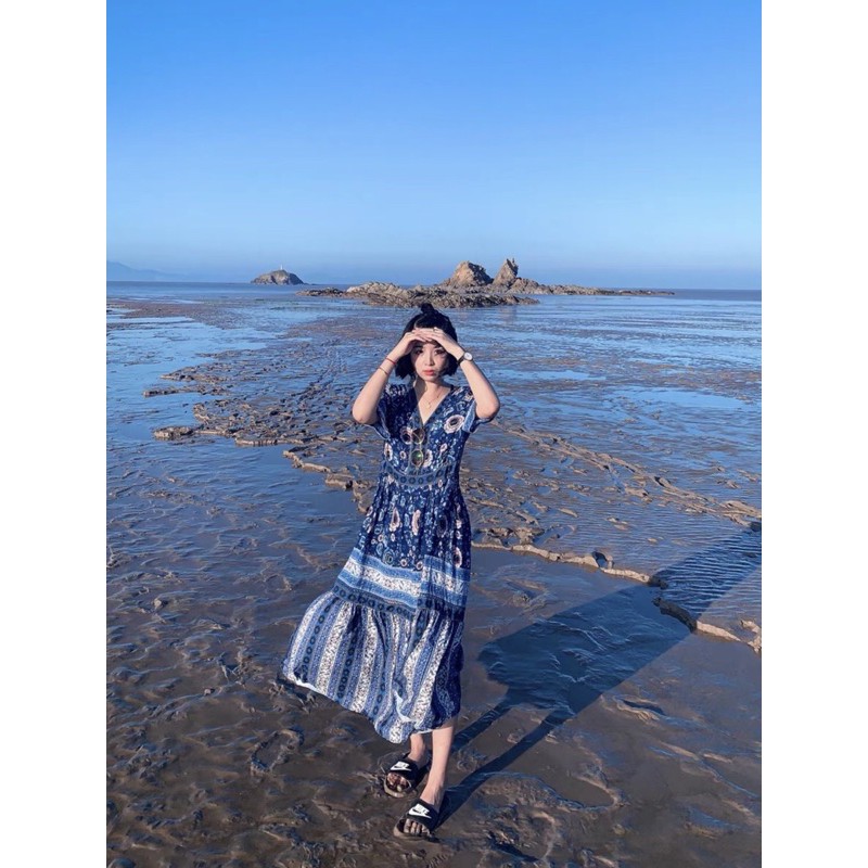 (Ảnh thật) Váy đầm maxi boho thổ cẩm vintage cổ v tay ngắn dáng dài hoạ tiết form suông rộng đi du lịch đi chơi đi biển