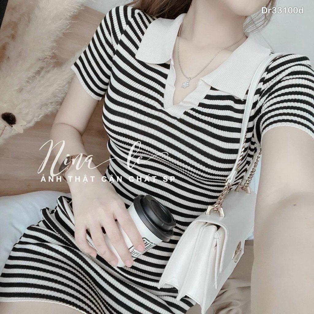 Đầm ngắn chất vải thun gân – Đầm ôm body cổ sơ mi chữ V tay ngắn sọc ngang trắng đen