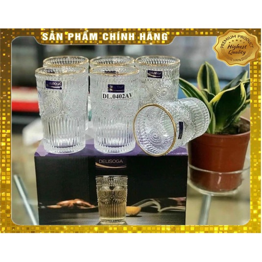 Bộ cốc thuỷ tinh delisoga vintage mạ vàng ⚡𝐅𝐑𝐄𝐄𝐒𝐇𝐈𝐏⚡ Chất liệu thuỷ tinh chịu nhiệt, viền vàng 18k tinh tế