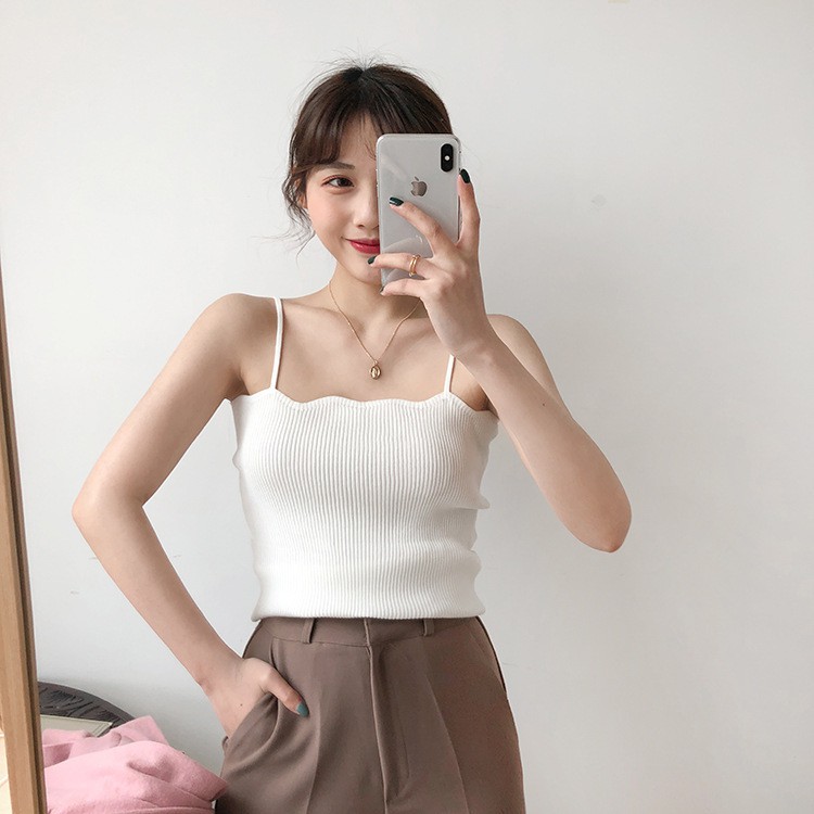 Áo Hai Dây Sợi Bún Dệt Kim Viền Cổ Gợn Sóng Dáng Ôm Mềm Mại - MSP T37 | BigBuy360 - bigbuy360.vn