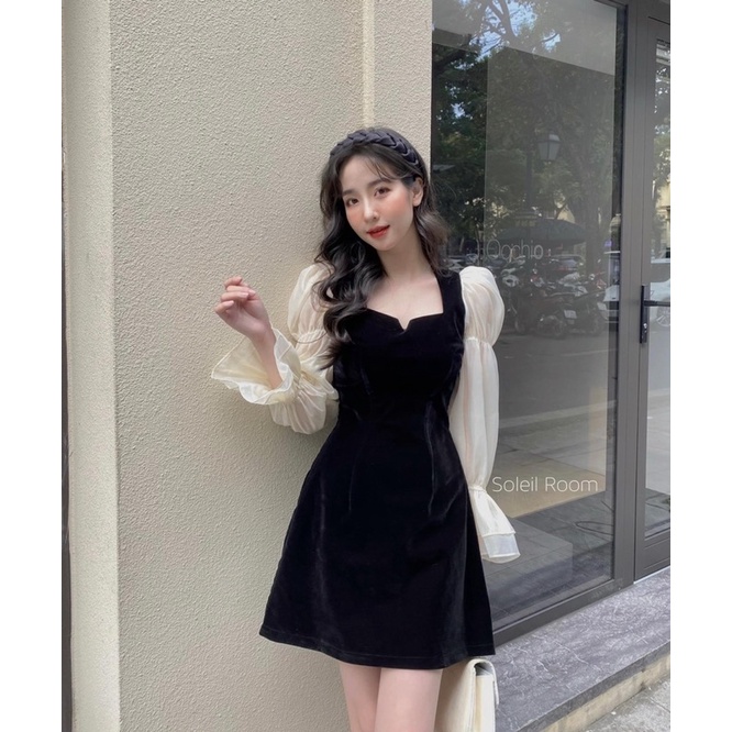 [ Có sẵn ] Váy liền phối tay voan cổ vuông cách điệu hàng chuẩn l1 | BigBuy360 - bigbuy360.vn