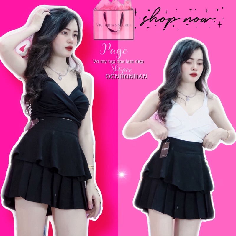 set áo hai dây chéo ngực phối chân váy tầng