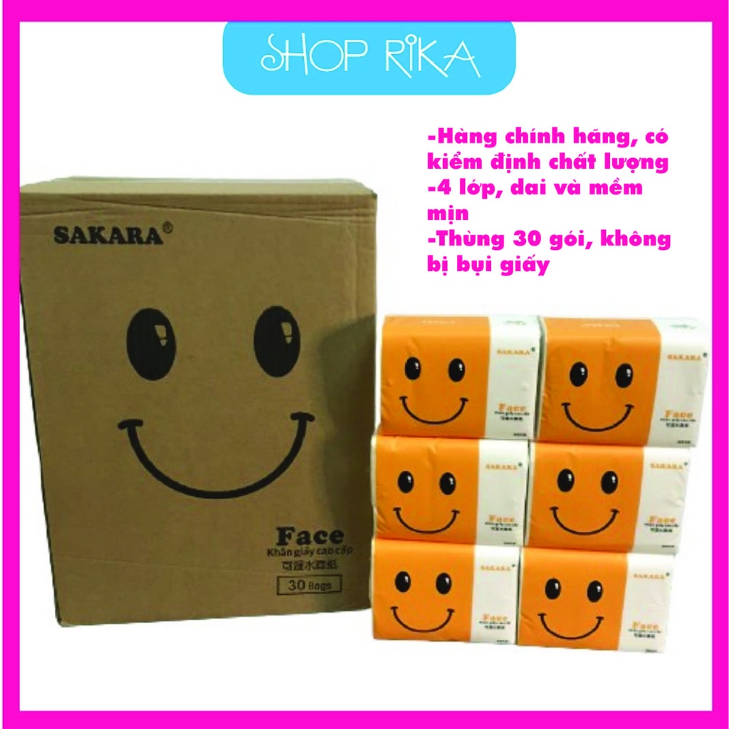 Giấy ăn gấu trúc SAKARA mặt cười chính hãng Thùng 30 gói loại 1 siêu dai mềm mịn 4 lớp không bụi giấy RIKA GA7379