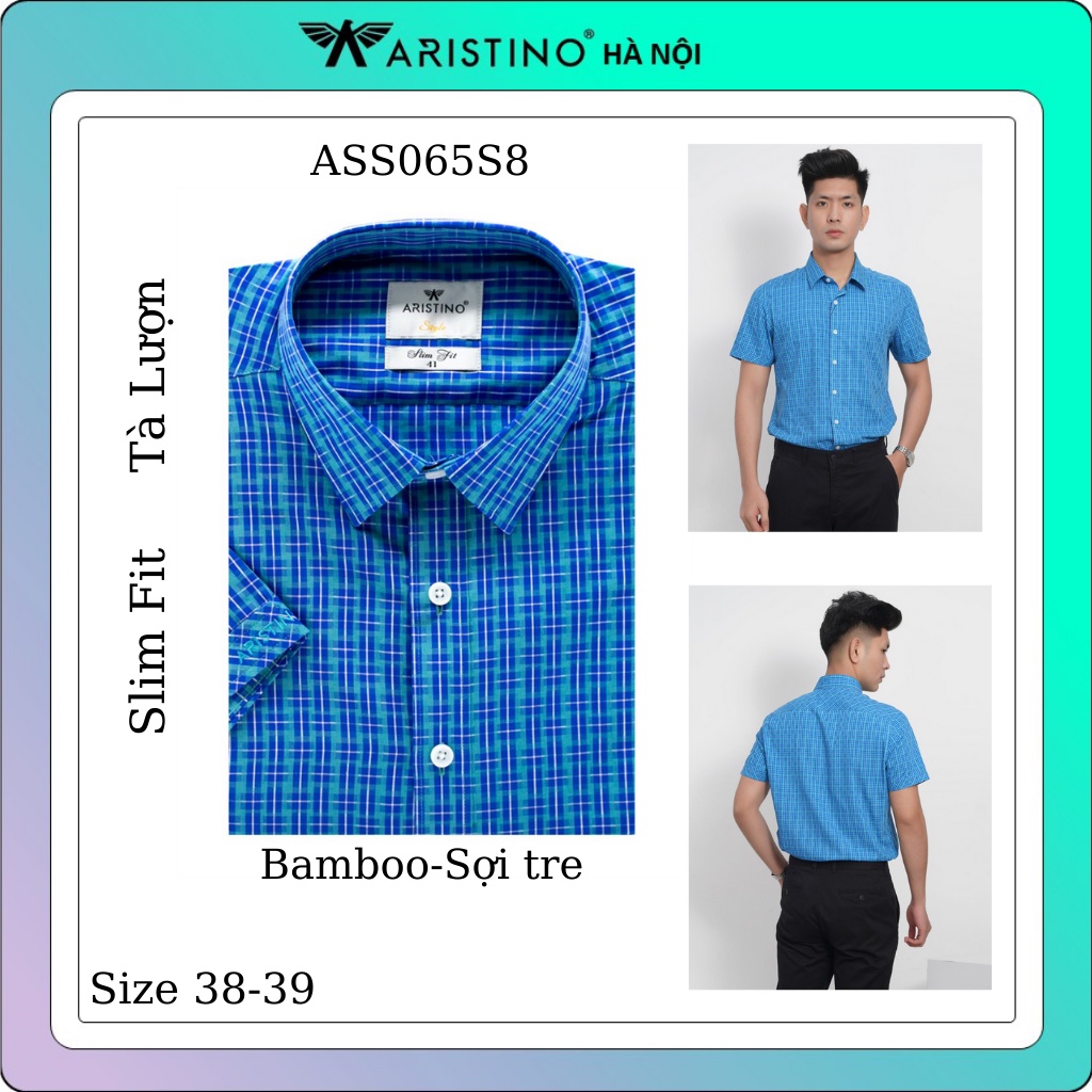 Áo sơ mi nam ngắn tay ARISTINO kẻ caro xanh , sợi tre, dáng slimfit ASS065S8
